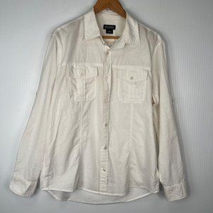 Michael Kors Womens Shirt Large L Linen Blend Ivory Tab Long Sleeve Button Up